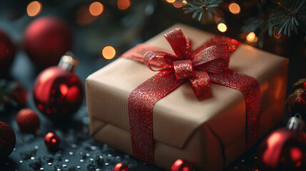 Poster - A beautifully wrapped gift box with a red ribbon, placed under a decorated Christmas tree,