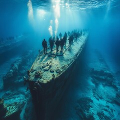 Poster - A group of scuba divers explore a sunken shipwreck in clear blue water.