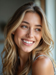 close up portrait of young happy smiling blonde girl beautiful gorgrous with wavy hair vertical phot