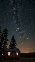 Poster - Cabin in the woods under a starry sky.