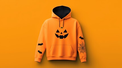 A bold orange hoodie mockup with a grinning jack-o'-lantern face across the chest, paired with black bats and cobweb accents along the sleeves.