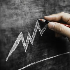 A hand draws an upward trend line on a chalkboard with white chalk.