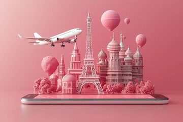 a surreal travel composition featuring famous landmarks, an airplane, and hot air balloons, all in a