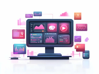 Flat Podium Showcase with Real-Time Social Media Feed Display: Wide Shot for Digital Strategy Messaging in Simple Flat Vector Illustration