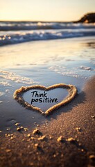 Sticker - A heart drawn in the sand on a beach at sunset with the words 'Think positive' written inside.