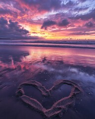 Wall Mural - A heart drawn in the sand on a beach at sunset, with a reflection of the colorful sky in the water.