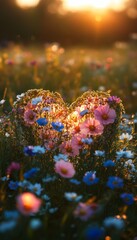 Wall Mural - A heart shape formed by wildflowers in a field at sunset.