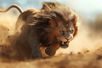 Canvas Print - Powerful image of a fierce lion in mid-charge, capturing its intense expression and dynamic movement as it kicks up dust in the savannah landscape.