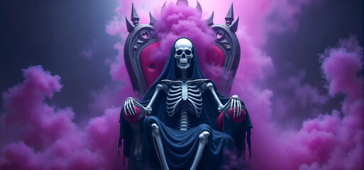 A skeletal figure, draped in a dark robe, sits on an ornate throne. The setting is illuminated by purple fog, creating an eerie yet captivating ambiance that enhances the mysterious presence.