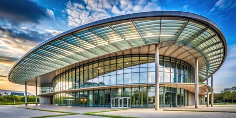Poster - Modern building with curving roof and glass steel column, architecture, modern, building, design, contemporary, roof, glass