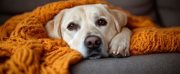 Wall Mural - Golden Retriever Dog Relaxing Under Blanket on Couch