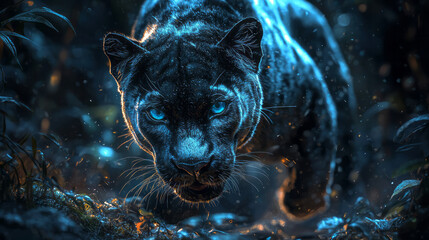 Poster - A graceful black panther moving stealthily through a dense jungle, its sleek body blending into the shadows of the night,