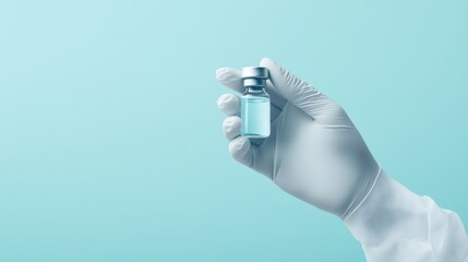 Healthcare theme featuring a hand in medical gloves holding a vial of vaccine against a blue background symbolizing medical innovation and safety