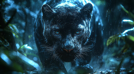 Aufkleber - A graceful black panther moving stealthily through a dense jungle, its sleek body blending into the shadows of the night,