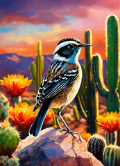 cactus wren bird  on a rock colorful background arizona desert dark sky  artwork painting cactus big flowers abstract  cactus flower
