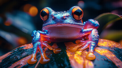 Aufkleber - A close-up of a glowing frog resting on a large leaf, surrounded by the quiet sounds of the jungle,