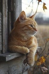 Aufkleber - A cat lounging on the porch of an old farmhouse, basking in the warm afternoon sun,
