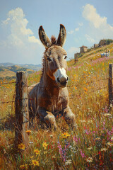 Poster - A donkey resting near a fence in a sunlit meadow, surrounded by tall grass and scattered wildflowers,