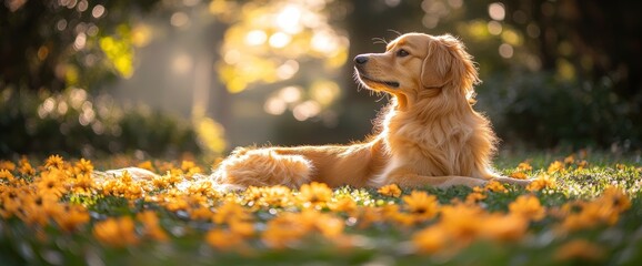 Wall Mural - Golden Retriever Dog in Field of Yellow Flowers at Sunset