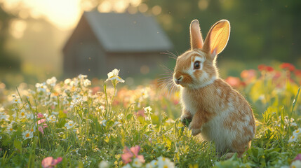 Wall Mural - A rabbit nibbling on fresh grass near a vegetable garden, with an old wooden farmhouse in the distance,