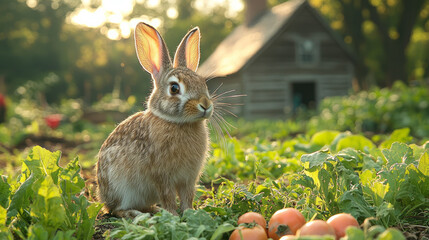 Poster - A rabbit nibbling on fresh grass near a vegetable garden, with an old wooden farmhouse in the distance,