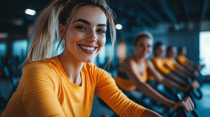 Wall Mural - Smiling female athlete works out on an exercise bike in a gym, with other people in the background