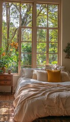 Wall Mural - A large bed with white linens sits in a room with large windows that overlook a lush green forest.