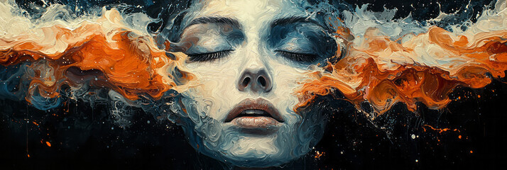 Aufkleber - A detailed face, with sections dissolving into fluid, abstract paint splatters,