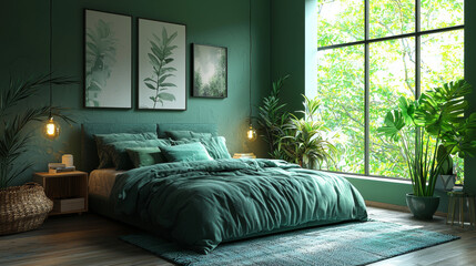 Poster - Green bedroom with large window and lush plants