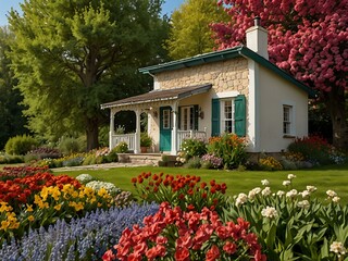 Sticker - Charming cottage with vibrant flowers in a serene spring landscape.