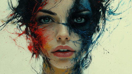 Poster - A realistic portrait, with sections of the face blending into flowing brushstrokes of red,