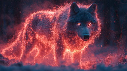 Poster - A majestic wolf standing still as swirling neon light trails wrap around its body, casting a soft glow on its fur,