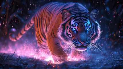 Poster - A detailed tiger walking through a jungle, with abstract neon blue and purple light waves following its movements,