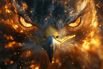 Poster - A close-up of a hawkâ€™s face, with intricate, glowing light patterns swirling around its sharp beak and intense eyes,