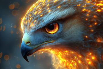 Poster - A close-up of a hawkâ€™s face, with intricate, glowing light patterns swirling around its sharp beak and intense eyes,