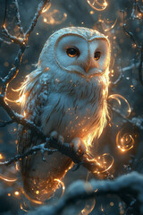 Poster - A detailed owl perched on a branch, with swirling rings of soft, glowing light encircling its body,