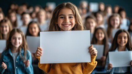 Smiling girl holds a blank sign in front of her classmates, showcasing joy, teamwork, and creativity in a classroom setting.