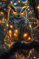 Poster - A detailed owl perched on a branch, with swirling rings of soft, glowing light encircling its body,