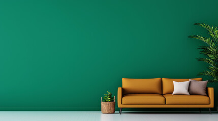 Wall Mural - A mustard yellow sofa sits in front of a rich green wall with a potted plant