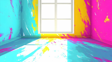 Sticker - Colorful Room with Window and Paint Splatter