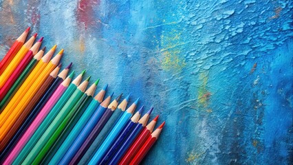 Poster - Colored pencils on blue textured background with paint smears, art supplies, vibrant, creativity, drawing