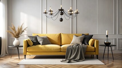 Scandinavian sofa with pillows and dark yellow blanket in bright living room interior with black chandelier