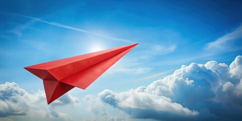 Poster - Red paper plane flying over barriers to reach its goal , overcoming, barriers, obstacles, success, achievement