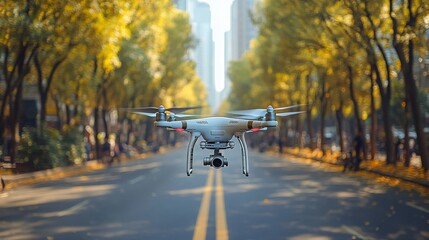 Poster - machine learning algorithms optimize drone routes through city streets during autumn foliage