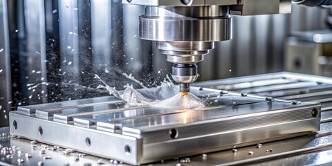 Poster - CNC milling machine cutting aluminium part, metalworking, manufacturing, precision, engineering, technology, automated