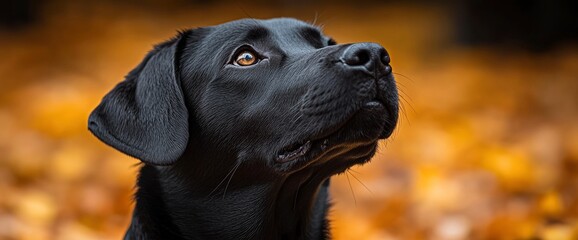 Poster - Black Labrador Retriever Looking Up in Autumn Leaves