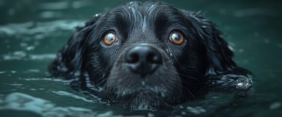 Poster - Black Dog Swimming with Intense Gaze