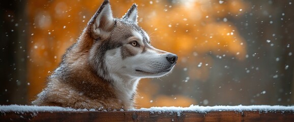 Wall Mural - Husky Dog Looking Out in Winter Wonderland