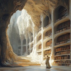 A lone figure walks through a magical cave library, filled with bookshelves and sunlight.