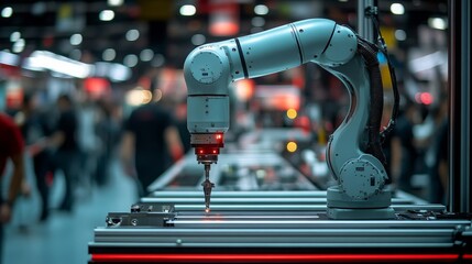 Poster - robotic arm with modular design showcasing precision manufacturing in a technology expo setting